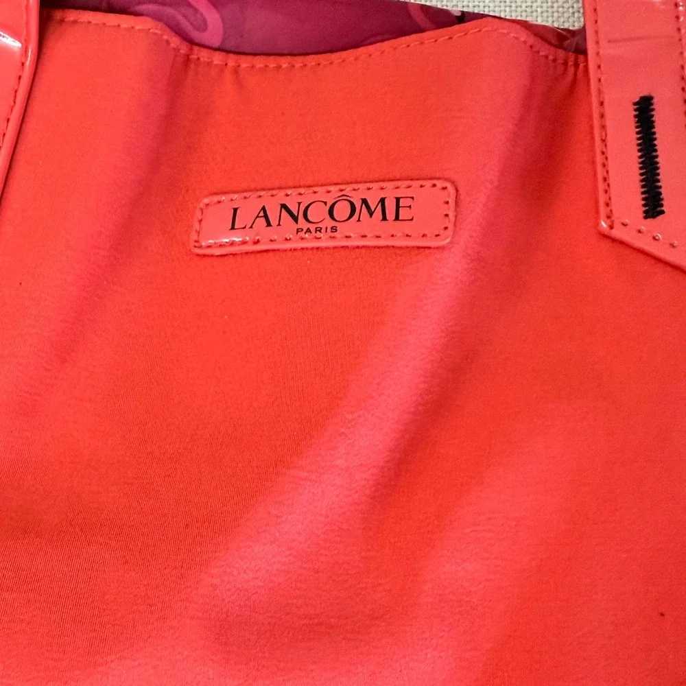 Lancome Paris Red Pink Colorblock Tote Bag Flamingo Lining Large Travel Shoulder